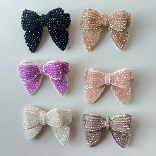 Handmade Beaded Bow Hair Clip Set – Luxury Pearl & Crystal Hair Clips (6-Pack)